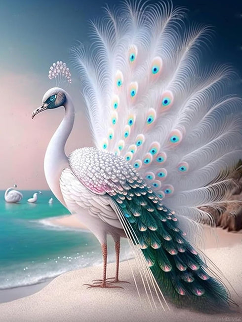 DIY 5D Diamond Painting White Peacock by The Sea, Diamond Painting Kits Crystal Embroidery Art Crafts, Beautiful Landscape Decor Home Wall Decor, ...