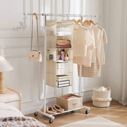 MAX Houser 5 Shelf Hanging Closet Organizer, Space Saver, Cloth Hanging Shelves with 4 Side Pockets, Foldable, Beige...