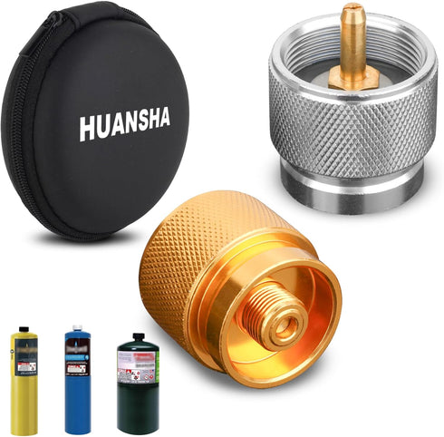 2PCS Butane To Propane Adapter For 1Lb Propane Small Tank, Gold Silver Camping Stove Adapter With Portable Zip Carry Case, Propane Canister Conver...