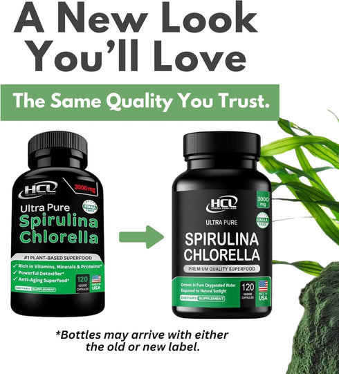 Chlorella Spirulina Powder Capsules Organic 3000 mg of BMAA Free Purest Blue Green Algae - Best Natural Detox Raw Vegan Vitamins Protein Green Sup...