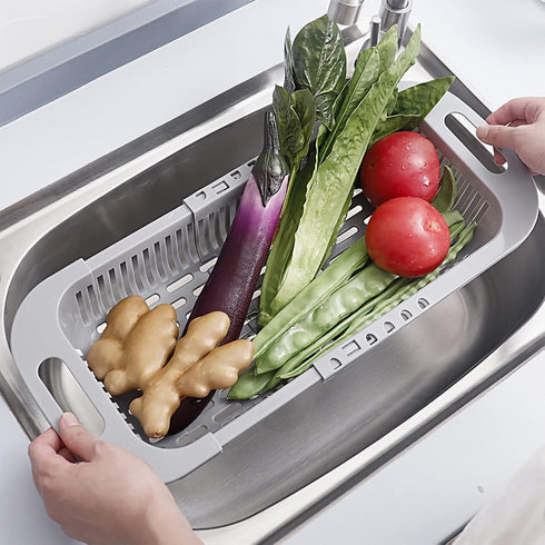 MineSign Extendable Over the Sink Colander Fruits and Vegetables Drain Basket Adjustable Food Strainer Sink Washing Basket for Kitchen (Blue)...