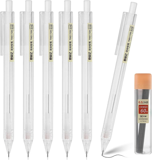 6PCS Novelty Mechanical Pencil Set, 0.5mm Transparent Pen Shell Pencils with 60pcs Lead Refill, Suitable for Drafting, Sketching, Art Class, Writi...