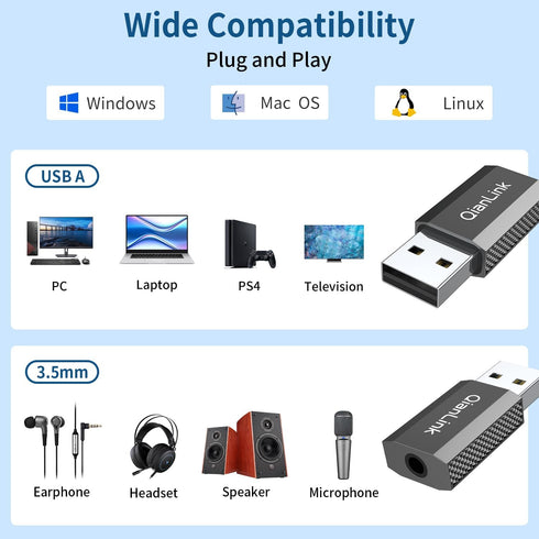 USB to 3.5mm Jack Audio Adapter (2-Pack), USB to Audio Jack Adapter Headset, USB A to 3.5mm TRRS Female, External Stereo Sound Card for Headphone,...