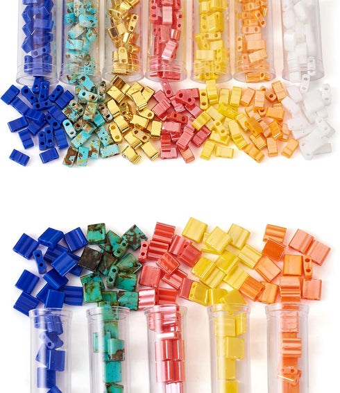 375Pcs 5mm Tila Beads Glass Seed Beads 12 Styles Square Beads 2 Hole Tile Beads Rectangle Carrier Beads Kit for DIY Crafts Bracelets Jewelry Makin...