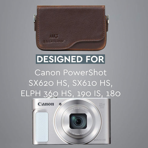MegaGear Canon PowerShot SX620 HS, ELPH 180, ELPH 360 HS, ELPH 190 is, ELPH 170 is, SX610 HS Leather Camera Case with Strap - Dark Brown - MG1090...