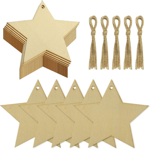 obmwang 50 Pieces Natural Wooden Star Cutouts Unfinished Predrilled Wooden Star Embellishments with Natural Twine for Christmas, DIY Craft, Party ...