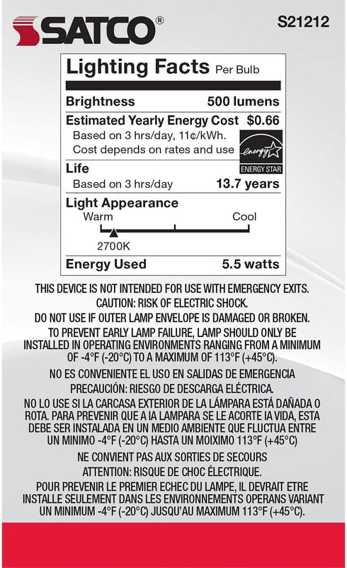 Satco 5.5-Watt LED E12 Light Bulb, 2700K, 15000 Hour Rating, Dimmable...