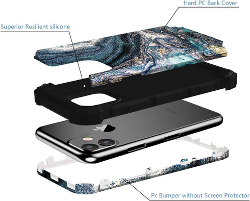 for iPhone 11 Case,Marble Pattern 3 in 1 Men Boys Hard PC Soft Silicone Rugged Bumper Slim Fit Case Anti-Slip Thin Heavy Duty Shockproof Protectiv...