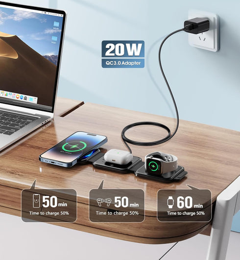 3 in 1 Charging Station for Apple Devices 20W Foldable Mag-Safe Charger for Travel Wireless Charger Pad for iPhone 15 14 13 12 Pro/Pro Max/Plus/Mi...