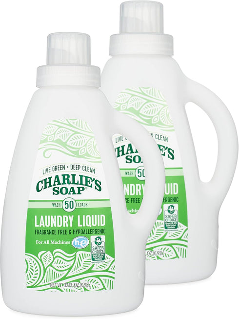 Charlie’s Soap Laundry Liquid (50 Loads, 2 Pack) Natural Deep Cleaning Hypoallergenic Laundry Detergent – Safe, Effective and Non-Toxic...