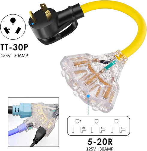 30 Amp to 20 Amp 110 V RV Plug Extension Adapter Cord, NEMA TT-30P Male to 3X 5-15R/ 5-20R T-Blade Household Outlet, with LED Power Indicator, 1FT...
