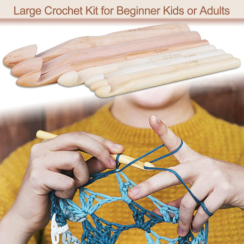 Coopay Large Wooden Crochet Hooks Ergonomic Crochet Hook Set 10-25 mm, 7PCS Inline Crochet Hooks Bamboo Crochet Kit for Beginner, Giant Wood Croch...