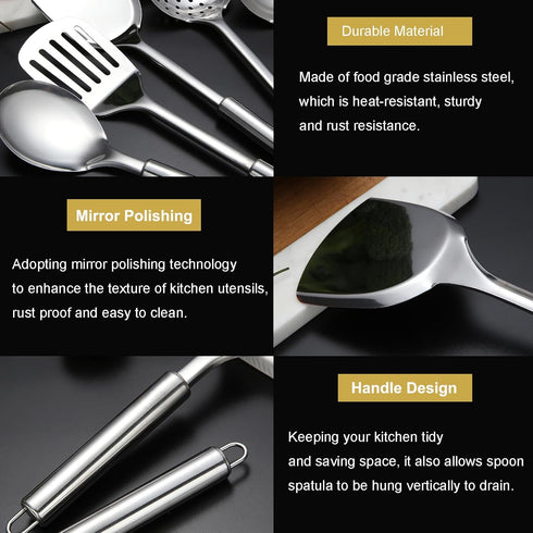 5Pcs Cooking Utensils Set, Stainless Steel Kitchen Utensils, Heat Resistant Wok Utensils Set Include Slotted Spoon, Slotted Spatula, Large Spoon, ...