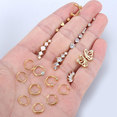 YADOCA 24PCS 16G Cartilage Earring for Women Men Surgical Steel Cartilage Stud Earring Hoop Set Lip Rings CZ Opal Hypollergenic Screw Back Earring...