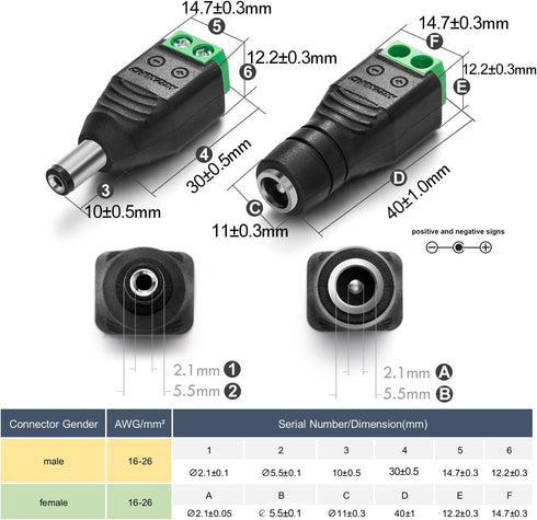 CHANZON 10Pcs Male and Female 5.5mm x 2.1mm 12V DC Power Jack Connector 24V Socket for Led Light Strip CCTV Security Camera Cable Wire Ends Plug B...