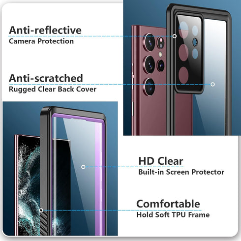 SPIDERCASE Designed for Samsung Galaxy S22 Ultra Case, Waterproof Built-in Screen Protector Full Protection Heavy Duty Shockproof Case, Purple/Cle...