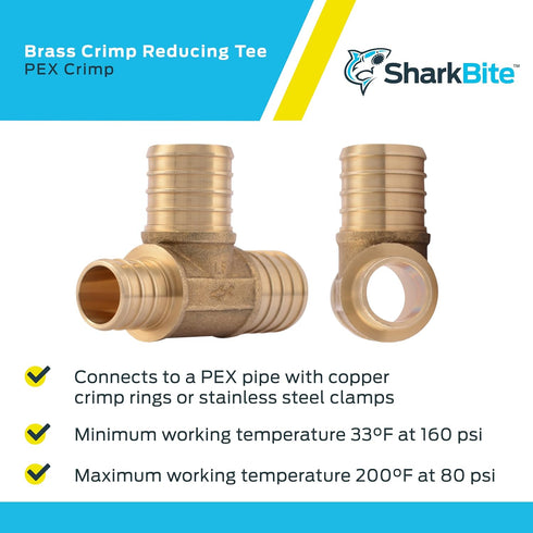 SharkBite 1 x 3/4 x 1 Inch Crimp Reducing Tee, Brass Plumbing Fitting, PEX Pipe, PE-RT, UC418LFA...