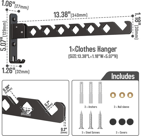 Wall Mounted Clothes Drying Rack, Wall Clothes Hanger Foldable, Laundry Hanger Hook for Bathroom, Wall Clothes Rack Indoor, Perfect for Small Spac...