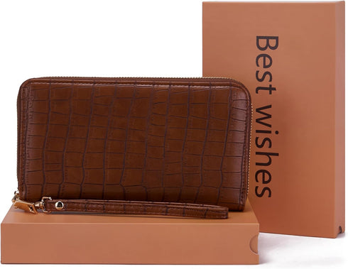 YZAOLL Women's Zip-Around Wristlet Wallet with RFID-Blocking Proteceion Large Capacity PU Leather Cards Holder with Checkbook Passport Slots,Brown...