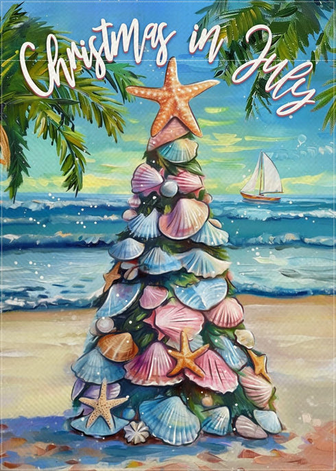Decorative Garden Flag, Christmas Tropical Xmas Tree Beach Coastal Starfish Shell Yard Outside Decorations, Hawaii Nautical July Summer Holiday Ou...