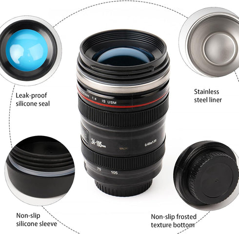 Camera Lens Coffee Mug,Travel Coffee Cup,Stainless Steel Lens Mug Thermos Camera Lens Mug with Lid and Spoon,Cool Gifts for Photographers Men and ...
