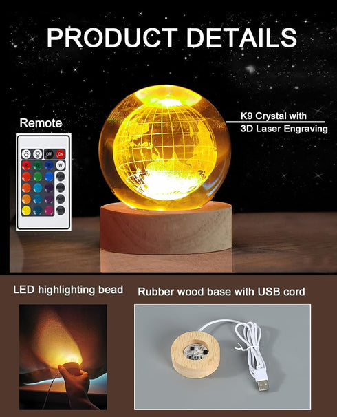 3D Crystal Earth Ball Light with Colorful LED Light Base,Valentine's Day Gift,Color Changing Table Lamp with Remote,Unique Gift for Kids,Girlfrien...