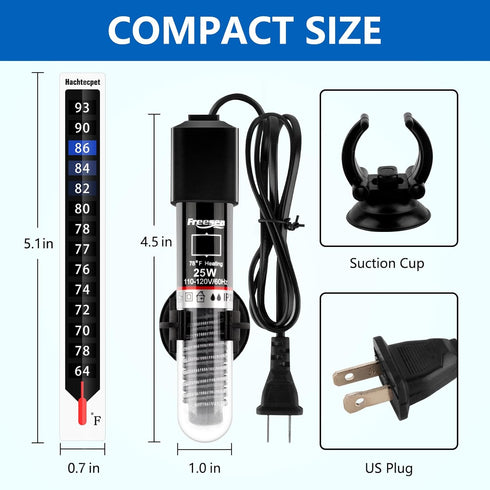 FREESEA Aquarium Fish Tank Heater: 25W Small Submeisible Water Heater with Preset Temperature for Betta | Turtle | Saltwater | Freshwater | 1-5 Ga...