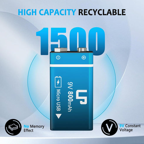 LP 9V Rechargeable Battery Pack, 2-Pack 800mAh Li-ion 9 Volt USB Battery with Micro USB Charging Port for Alarms, Wireless Microphones, Smoke Dete...