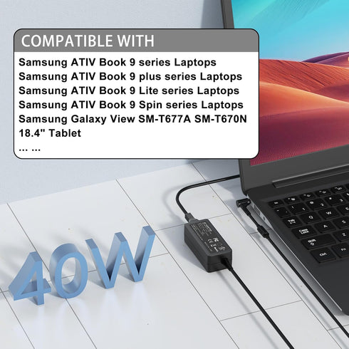 VHBW 40W AC Adapter Charger Replacement for Samsung ATIV Book 9 NP900X3C NP900X3D NP900X3E NP900X3K NP900X3G NP930X5J NP940X3L NP940X3K XE500C21 X...