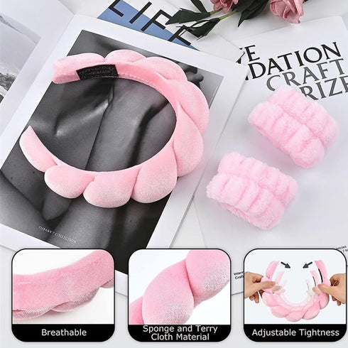 RICHTOP Spa Headband and Wristband Set, 6 Pack Skincare Headband Face Wash Headband, Skin Care Headband Set with Hair Clip Pink Headband for Washi...