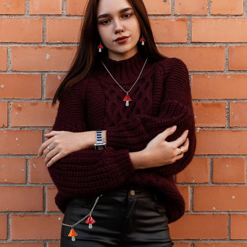 Kenning 3 Pieces Mushroom Pants Chain Dangling Earrings Necklace Set Mushroom Pendant Keychain Drop Dangle Earrings Necklace for Women Jewelry Acc...