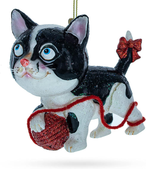 Playful Cat Entangled with Yarn Ball Blown Glass Christmas Ornament...