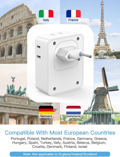 European Travel Plug Adapter, US to Europe Plug Adapter with 4 AC Outlets 3 USB Ports (2 USB A & 1 USB C), International Plug Adapter Charger for ...