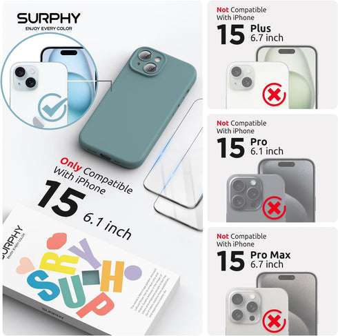 SURPHY Designed for iPhone 15 Case Compatible with MagSafe (6.1 inch 2023), with 2 Pack Screen Protector, Liquid Silicone Phone Case (Camera Prote...