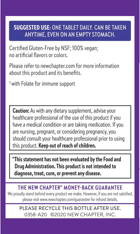 New Chapter Vitamin B Complex, Fermented Vitamin B Complex, USDA Organic, ONE Daily for Cellular Energy + Brain + Beauty, 100% Vegan, Gluten-Free ...