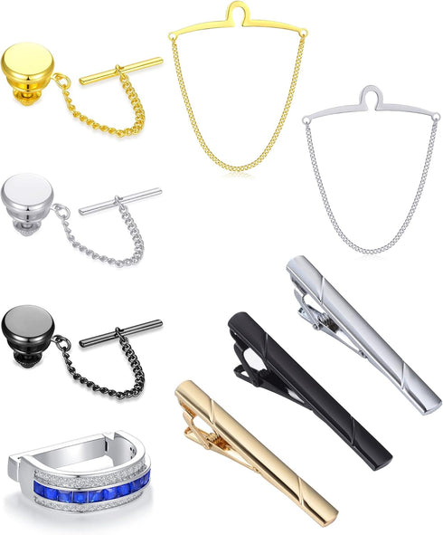Tornito 9Pcs Tie Clips Tie Ring for Men Square CZ Tie Tacks Clutch with Chain Necktie Silver Black Gold Tie Clips Link Chain for Wedding Meeting B...