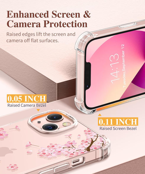 GVIEWIN Designed for iPhone 13 Case 6.1 Inch, with Tempered Glass Screen Protector + Camera Lens Protector Clear Flower Soft & Flexible Shockproof...