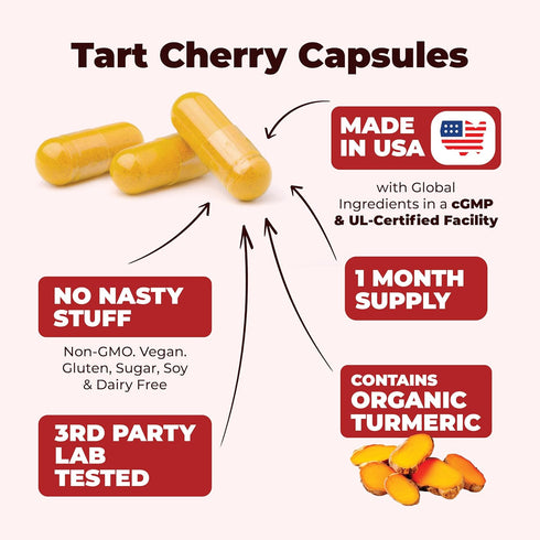 Turmeric Curcumin & Tart Cherry Extract Capsules with Black Pepper & Organic Tumeric. Tart Cherry Capsules Aid Uric Acid Balance, Joint Health, Mu...