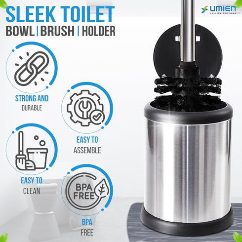 UMIEN Toilet Brush with a Lid - Stainless Steel Toilet Brush with Freestanding Canister - Modern and Sleek Bathroom Cleaning Accessories...
