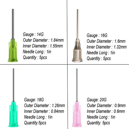 20Pcs Syringe Blunt Tip Needle and Cap - 1ml Syringes 14ga 16ga 18ga 20ga Blunt Needles- Oil or Glue Applicator...