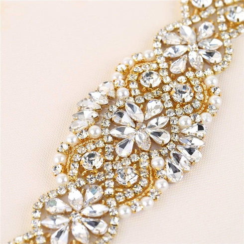 Gold Rhinestone Belts Crystal Wedding Dress Sash Applique with Beaded Jeweled Sequin Diamond Embellishments Hot Fix Iron on for Bridal Bridesmaid ...
