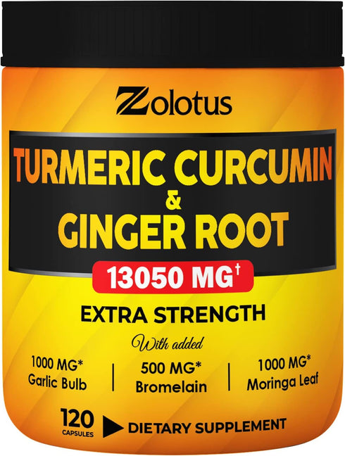 6 in 1 Turmeric Curcumin + Ginger Capsules, 95% Curcuminoids, Equivalent to 13050mg, with Ginger, Garlic Bulb, Bromelain, Moringa, Black Pepper, J...