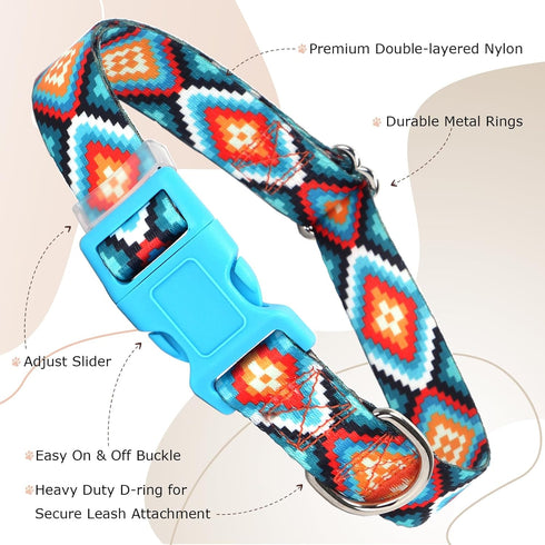 Dog Collar for Small Dogs with Blue African Tribal Mexican Native Boho Pattern, Adjustable Pet Collars for Girl Boy Puppy Dogs XS Small Medium Lar...