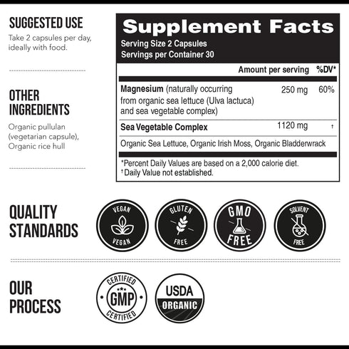 Organic Magnesium | Whole Food Magnesium - Plant-Based, Organic Sea Vegetable Complex - 250 mg Magnesium Per Serving | Water Extracted | Gentle on...