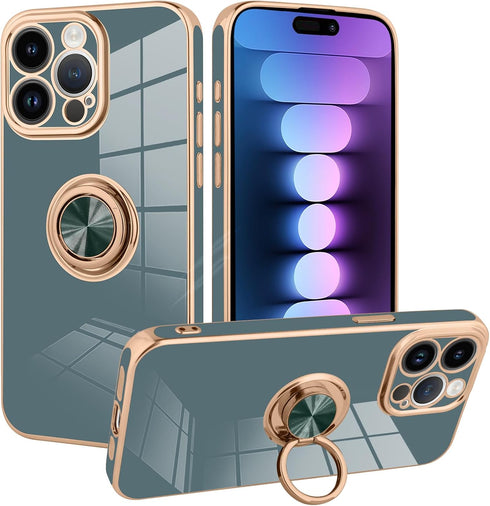 KANGHAR Case Designed for iPhone 15 Pro Max with Phone Ring Stand Full Body Protection Plated Rose Gold Edge Luxury Case for Women Men-Granny Gray...