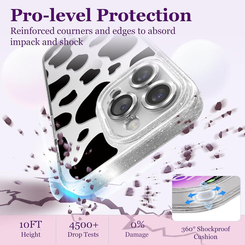Compatible for iPhone 14 Pro Case Cute Aesthetic - Glitter Clear Phone Case with Camera Protector - Milk Cow Print Cover with Wrist Strap Design f...