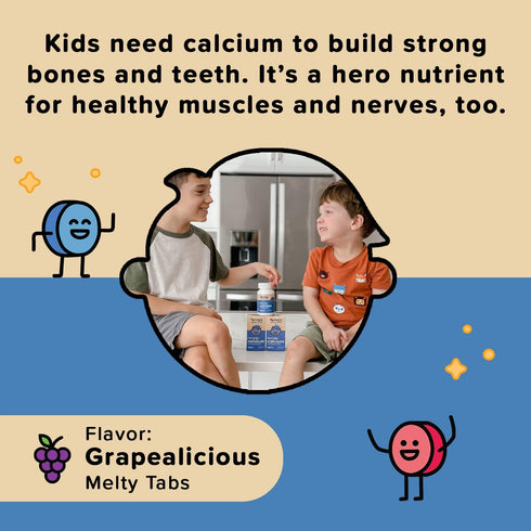 Renzo's Hercules Calcium Supplement with Vitamin D3 & K2 - Dissolvable - for Ages 2+ - Kids Vitamins - 60 Grape-Flavored Melty Tabs...