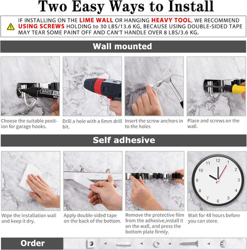 2 Racks and 3 Hooks Broom and Mop Holder Wall Mounted Garage Organizer Storage Tool Racks Stainless Steel Heavy Duty Hooks Self Adhesive Solid Non...