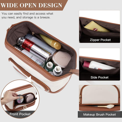 Telena Makeup Bag Large Capacity Travel Cosmetic Bags Double Layer Portable Leather Make Up Bag for Women Beige with Brown...