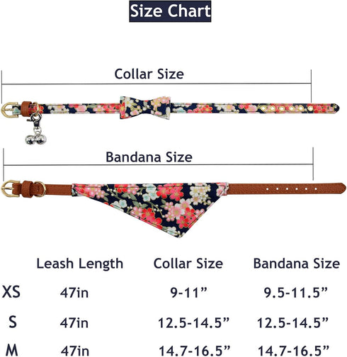 3PCS Bow Tie Dog Collar and Leash Set Plaid/Camo/Dots/Flower Dog Bandanas with Bell 3 Size Adjustable for Small Dogs Puppies and Cats (XS, Black F...
